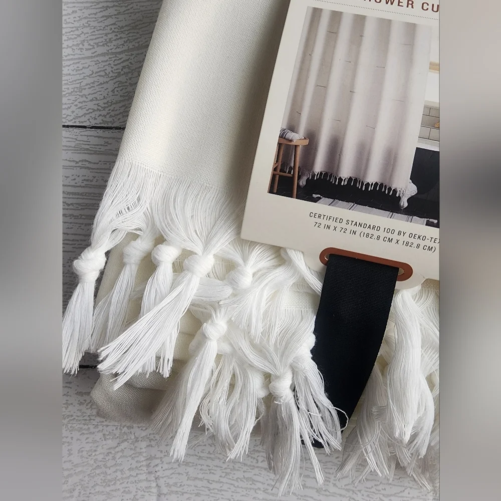 Hearth & Hand with Magnolia Clip Stitch Knotted Fringe WovenShower Curtain Sour